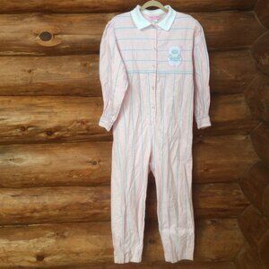 Vintage Jodie Arden 70s One Piece Pink Flannel Teddy Bear Pajamas Size Medium